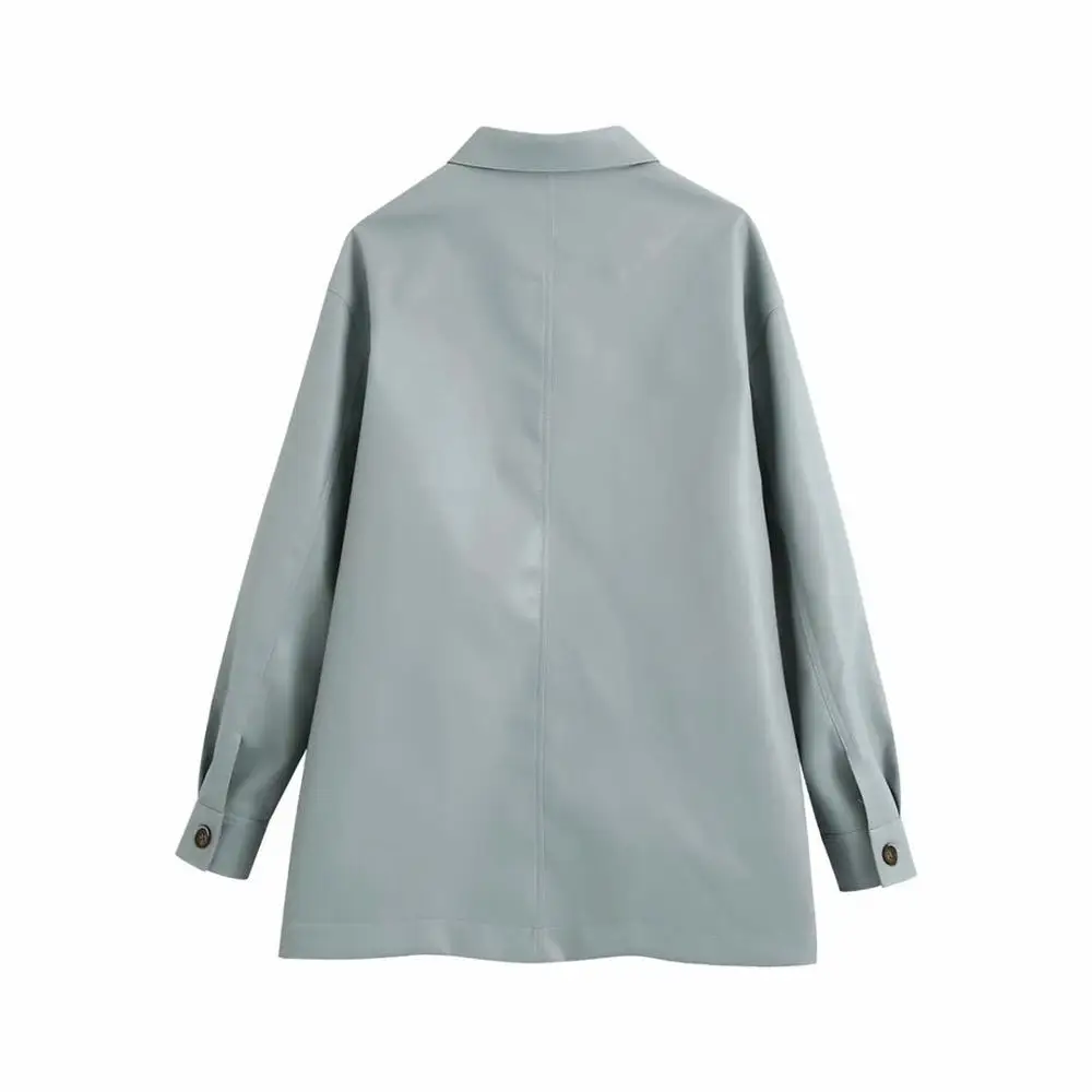 

OLOMM Women green faux leather jacket coat turn down collar Ladies Long Sleeve loose oversize boy friend Coat Fast shipping