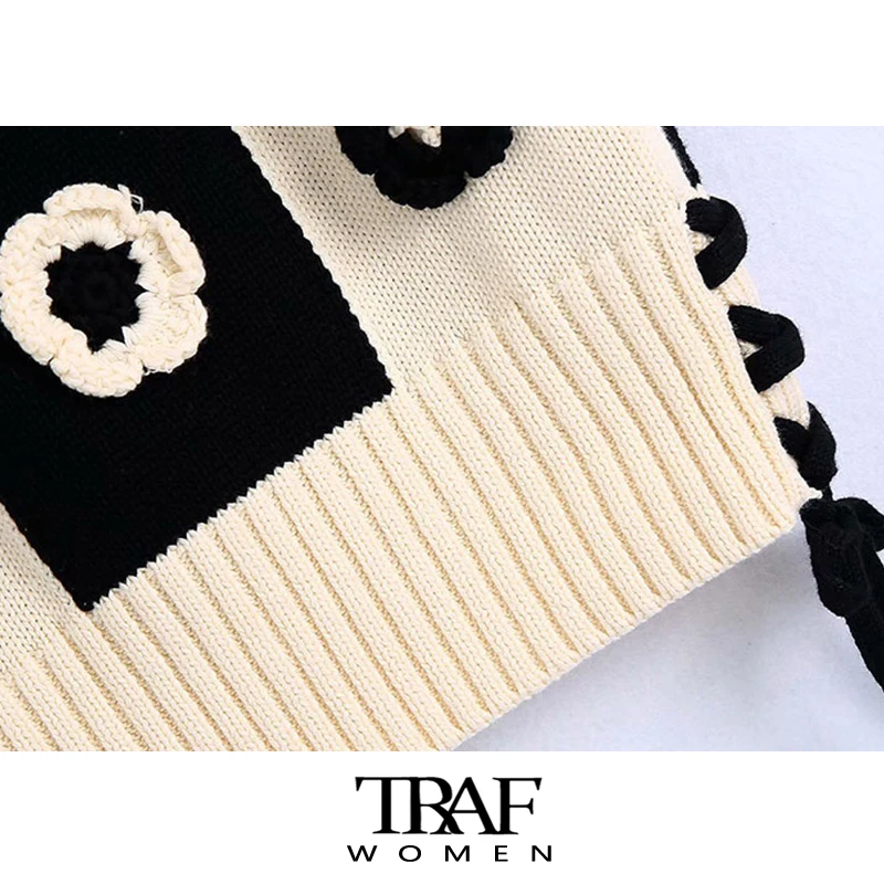 

TRAF Za Women Fashion Floral-Shaped Crop Crochet Knit Vest Sweater Vintage Sleeveless Side Ties Female Waistcoat Chic Tops
