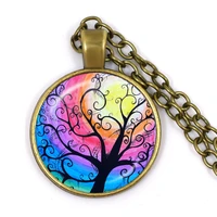 tree of life glass cabochon statement necklace pendant jewelry vintage charm chain choker jewelry gift for women