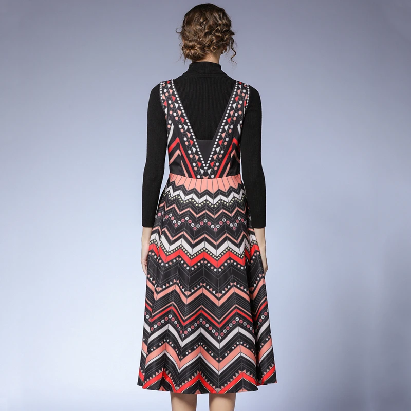 

New Elegant Fashion Women Knit Black Base T Shirt + Retro Print Fashion Vest Long Dress Two Piece Set