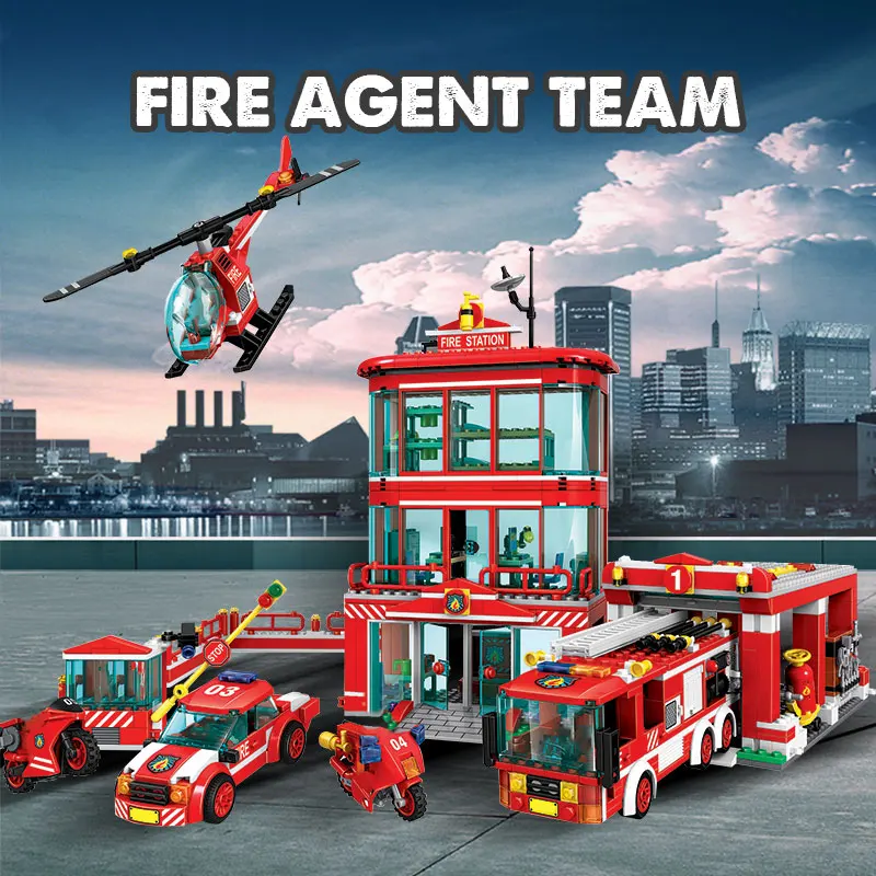 969 шт. полицейский пожарная станция пожарный цифры вертолет кирпичи город модель