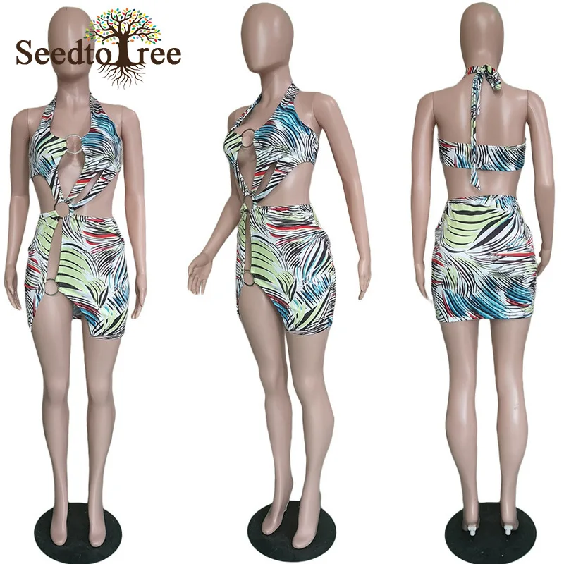 Летнее платье без бретелек с принтом и разрезом сексуальное женское мини-платье