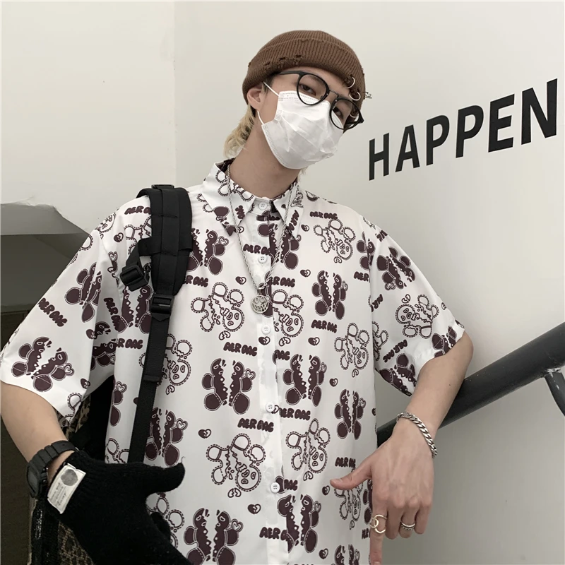 

Harajpoo Couple Shirts Summer 2021 New Korean Version Graffiti Bear Print INS Tide Bf Loose Fashion Short-sleeved Female Blouses