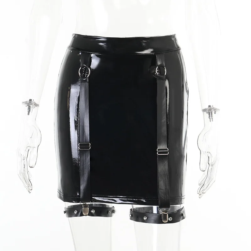 

Grunge Shiny Faux Leather Women Mini Y2K Skirt Gothic Punk High Waist Sexy Bodycon Skirt With Leg Loop Hot Girl Night Clubwear