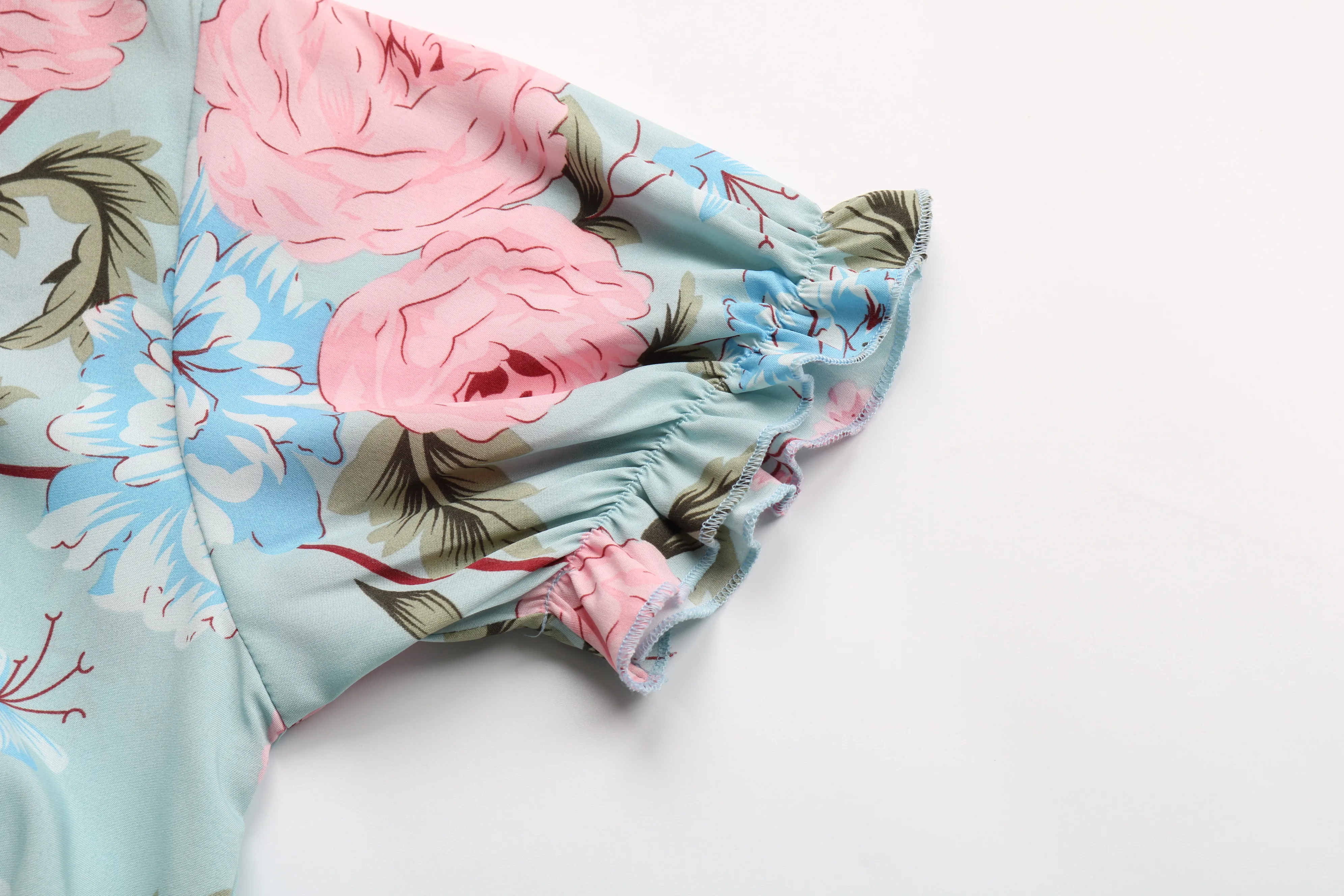 

New Summer Printed Ruffle Short Sleeve Double Drawstring Pleated Dress For Women