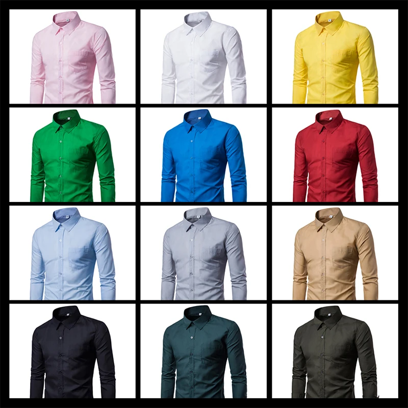 Мужская Однотонная рубашка повседневная приталенная с длинными рукавами на