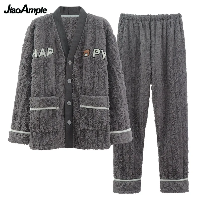 Men's Pajamas 2021 Winter New Warm Thick Flannel Pijamas Korean Loose V-neck Sleepwear Set Girl Cute Cartoon Nightwear Homewear