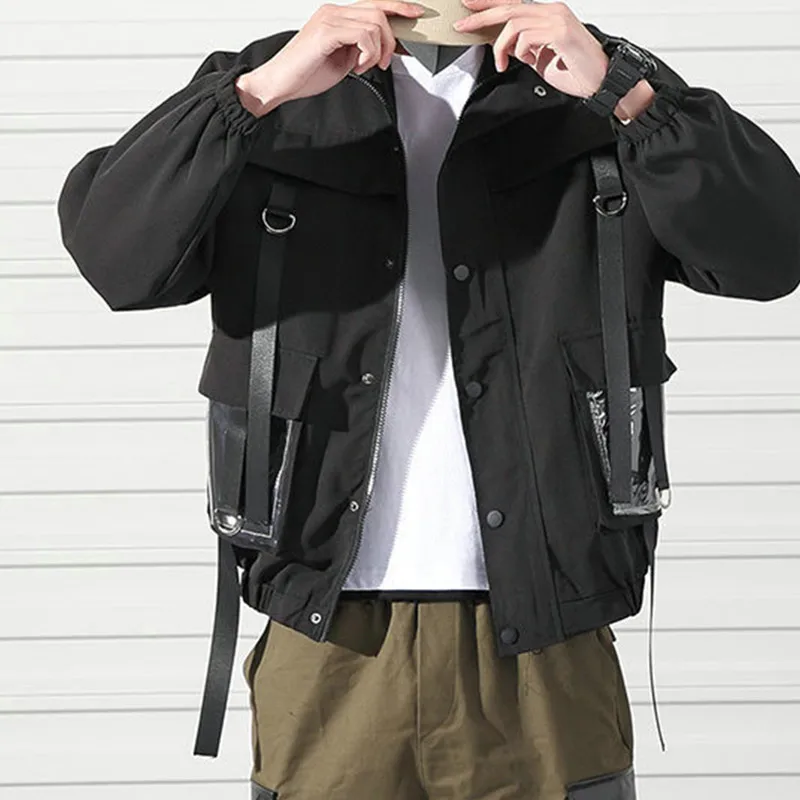 

2021 Men Military Jacket Coats Casual Windbreaker Ribbons Pockets Men's Overalls Bomber Jacket Hip Hop Streetwear Man Outwear
