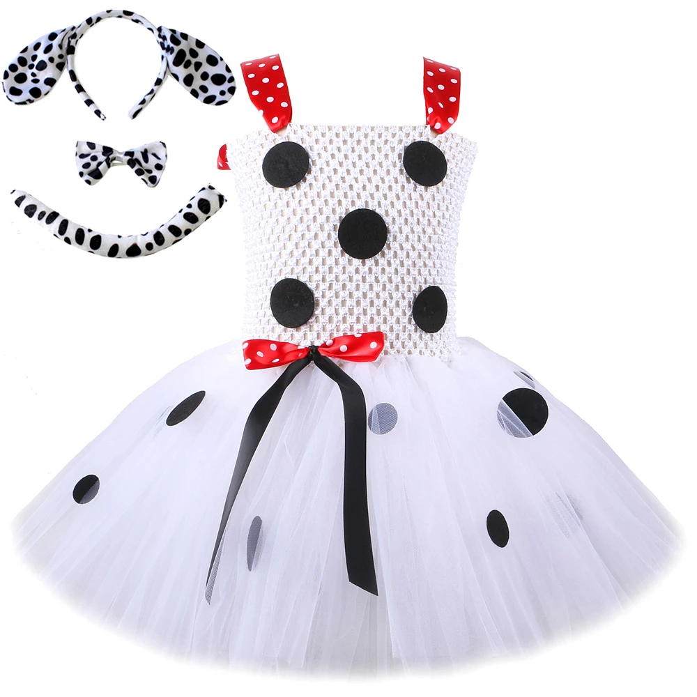 

Dalmatian Dog Tutu Dress for Baby Girls White Black Spotted Animal Halloween Costume for Kids Toddler Puppy Dressing up Outfit
