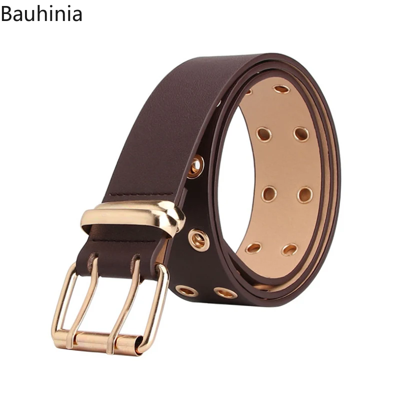 New 105*3.8cm Ladies Double-row Holes Fashion Simple Personality Belt Gold Decorative Dress Pin Buckle Belt 8 Colors Optional