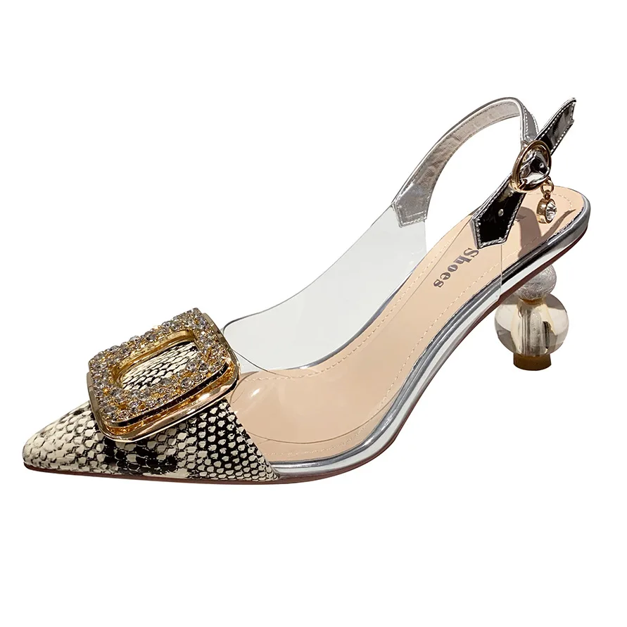 

Sexy Pointed Rhinestone Snake Print High Heel Sandals With Transparent Back Strap Women's Shoes