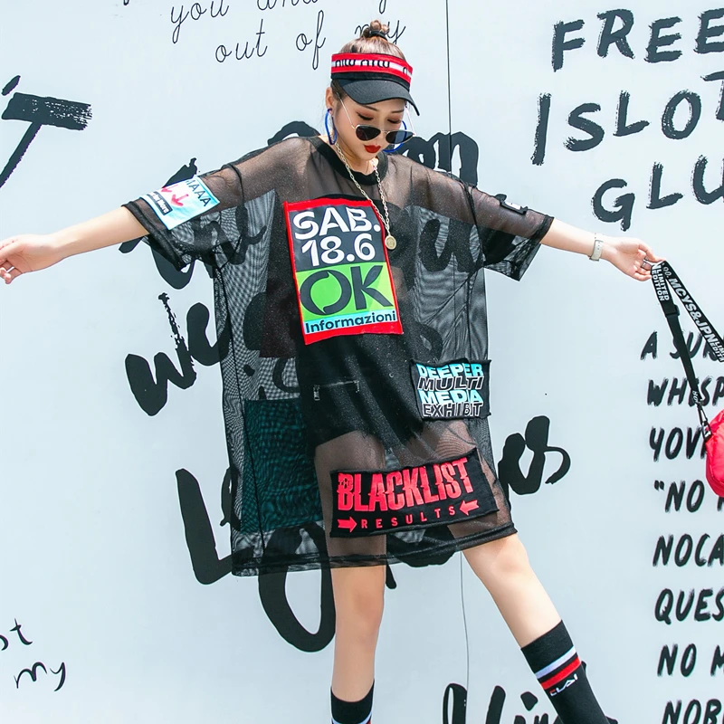 

Thailand fashion brand original design hollow T-Shirt Medium Length loose high-end casual mesh letter hip hop dress