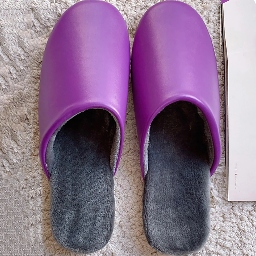 

Waterproof Leather Slippers for Women 2021 Fashion Home Shoes Winter Warm Indoor House Non-slip Soft Breathable Couples Footwear