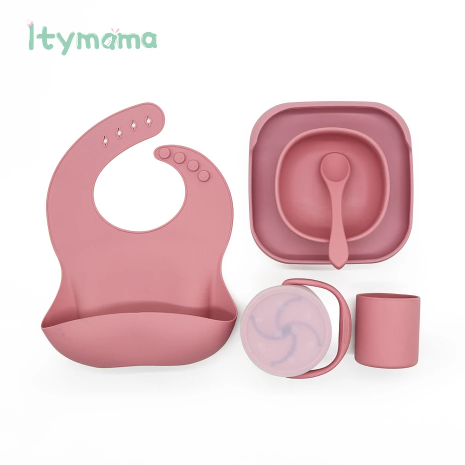 

6pc Baby Feeding Tableware Set Food Grade Silicone Bibs Baby Plate Non-silp Suction Bowl Kids Tableware Waterproof Bib BPA Free