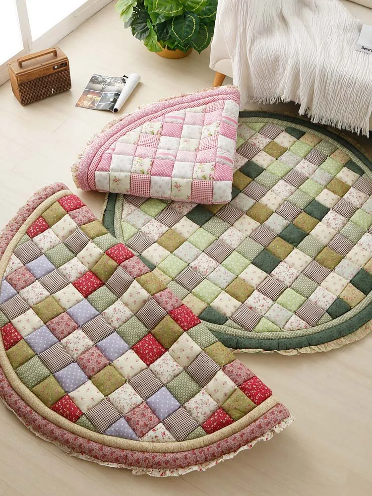 

luxury Round Home Boho style decoration Four Seasons Cotton Quilt Thicken grid handmade rug Tatami door MATS Living Room carpet