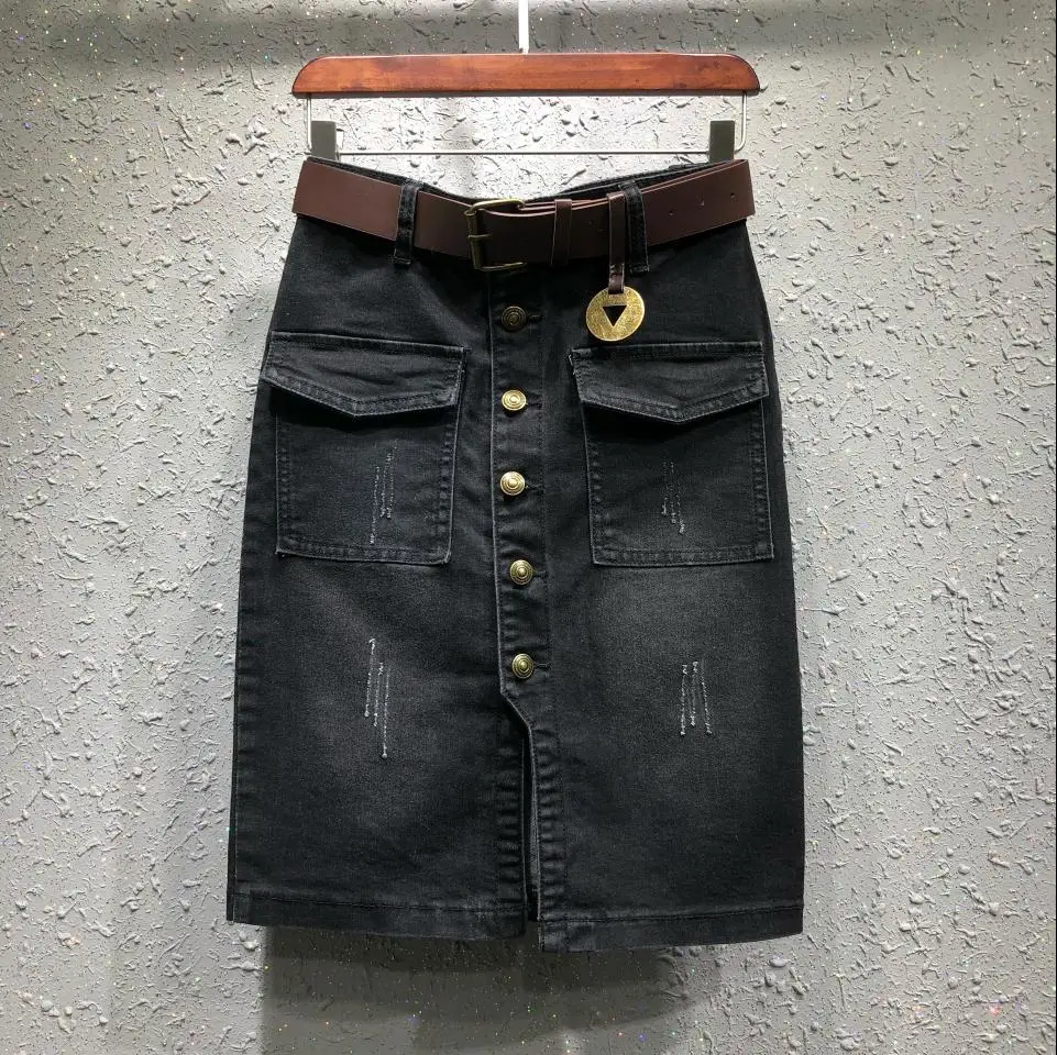 

Jeans Women Denim Skirt Midi Scratched Knee Length Plus Size 5XL Pockets Sim Buttons Split Skirts Female Summer Autumn With Belt