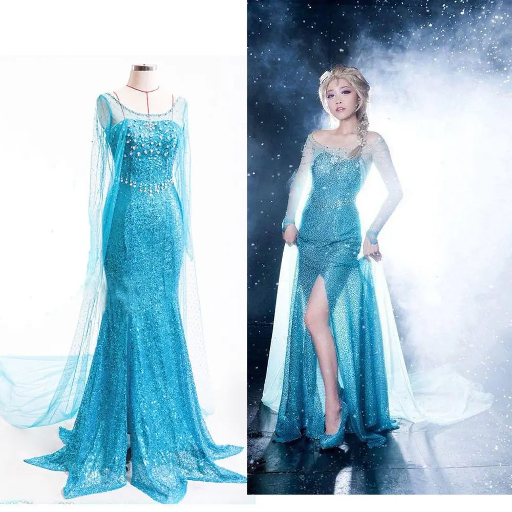 Disney COS Frozen Elsa Queen Clothes Halloween Party Cosplay Costume Girl Stage Dinner Dress Adult Princess Aisha Dresses Wig