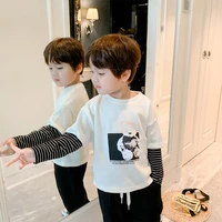 childrens wear new spring and autumn fake two piece t shirt boy korean round neck casual stitching striped long sleeved shirt
