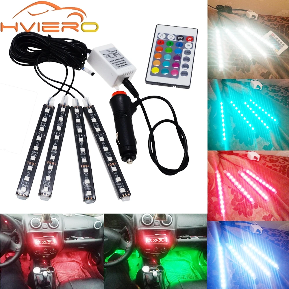 4 шт. Автомобильный светодиодный RGB светодиодный светильник 5050 SMD с автоматическим пультом дистанционного управления, декоративный гибкий светодиодный купольный атмосферный комплект противотуманных фар 12 В постоянного тока