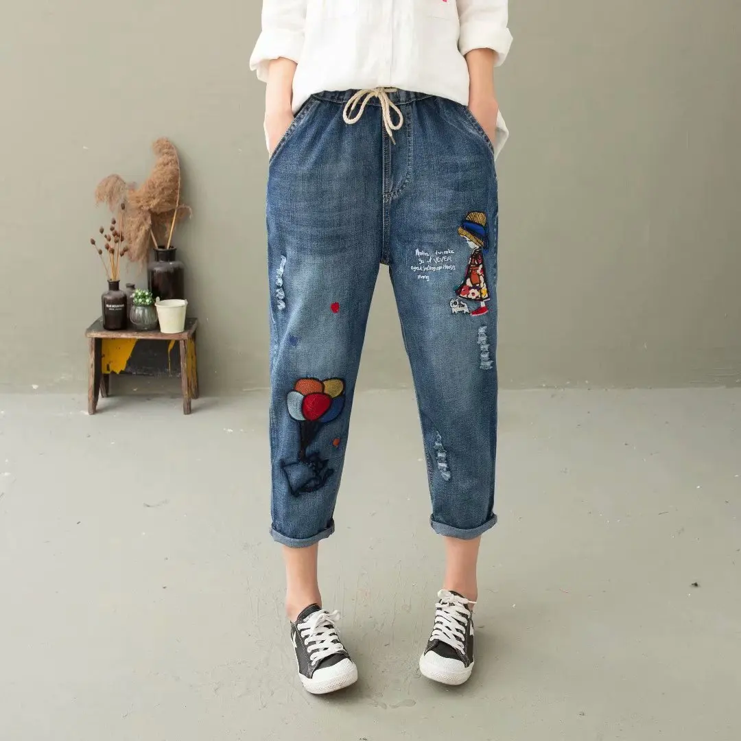 

Womens Jeans Star Cartoons Pattern Printed 2020 Autumn Winter Denim Trousers fit Young Girl Vintage Cute female Jeans Pant Blue