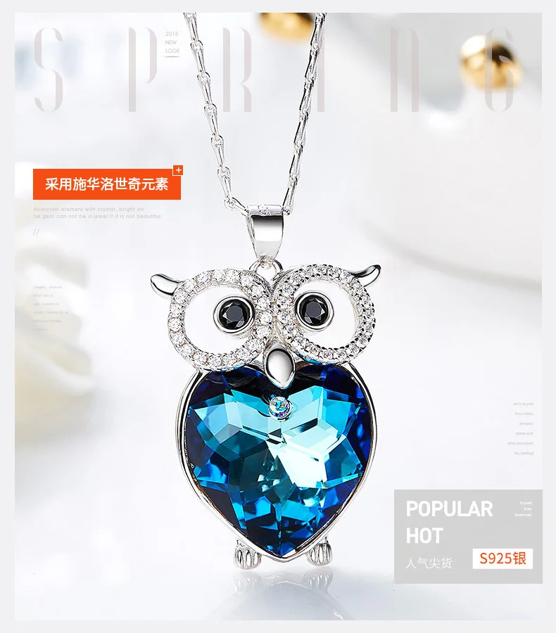 BOSCEN 925 Sterling Silver Pendant Necklace For Women Birthday Gift Colorful Owl Embellished With Crystals From Swarovski