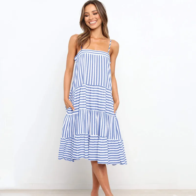 

Striped Print Summer Dress 2021 Casual Pocket Ruffles Knee Length Loose Party Holiday Beach Dresses For Women Vestido De Mujer