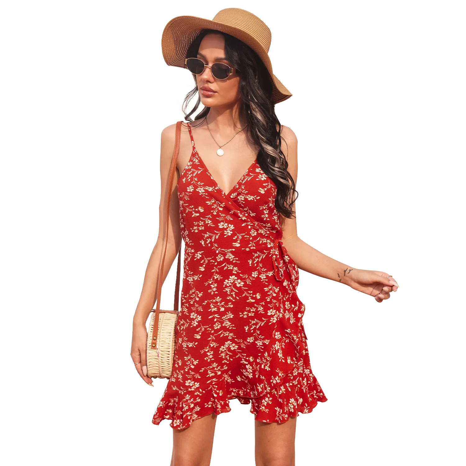 

Donsignet Fashion Women's Dress Summer Casual V-neck Pullover Print Sling Floral Lace Holiday Style Sleeveless Dress