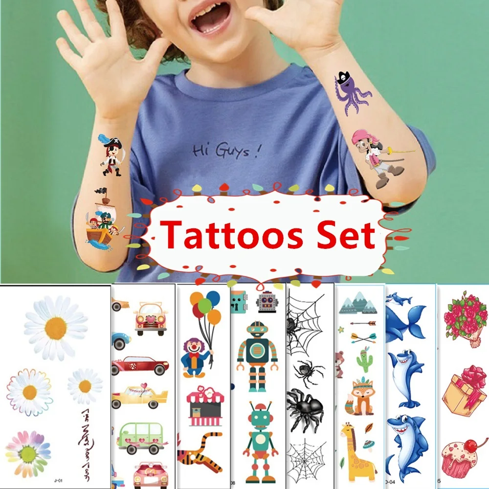 Juego de 10 unids/set de 38 tipos de tatuajes de traducción de colores, pegatinas de dibujos animados de anime, tatuaje temporal para niños, flor, Animal, Robot, tiburón, pastel