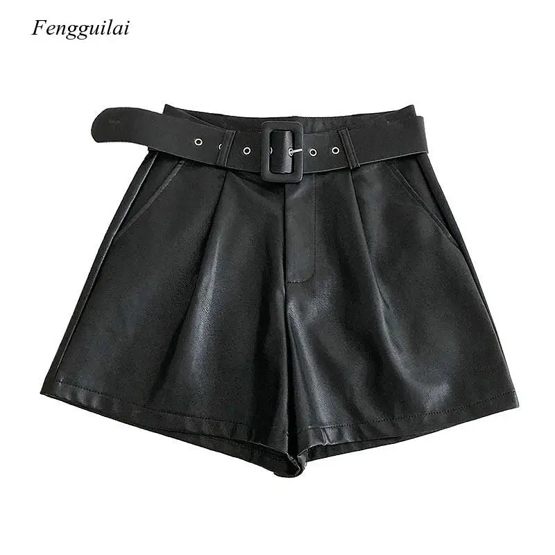 2021 Summer New Women Orange Black Green Color Pu Bermuda Shorts Faux Leather Belted Shorts