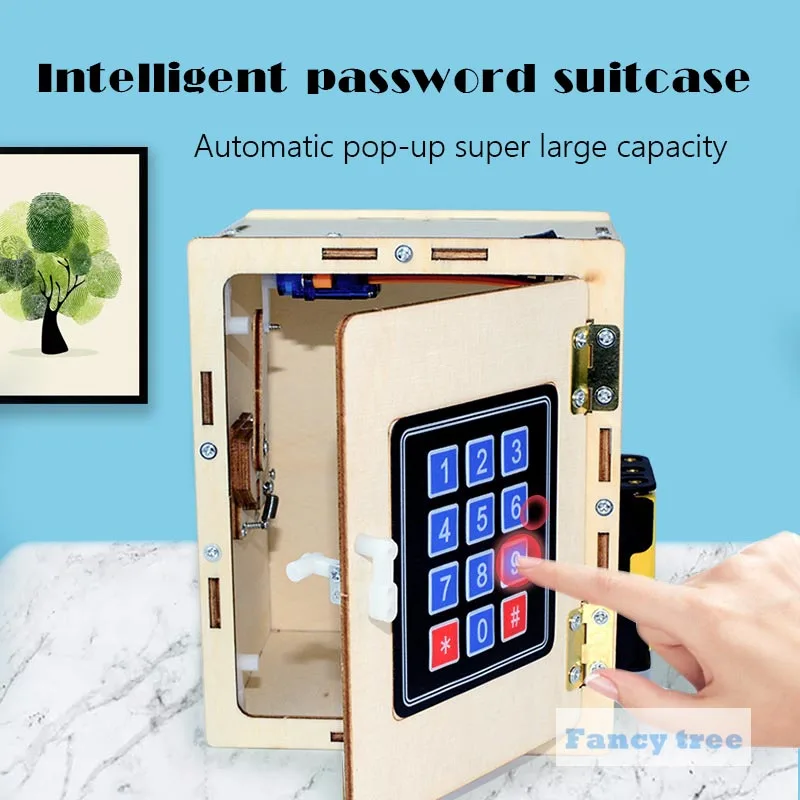 

DIY kit smart wooden lockbox science Tecnologia Six-digit password lock automatically open large capacity keyboard steam Toy