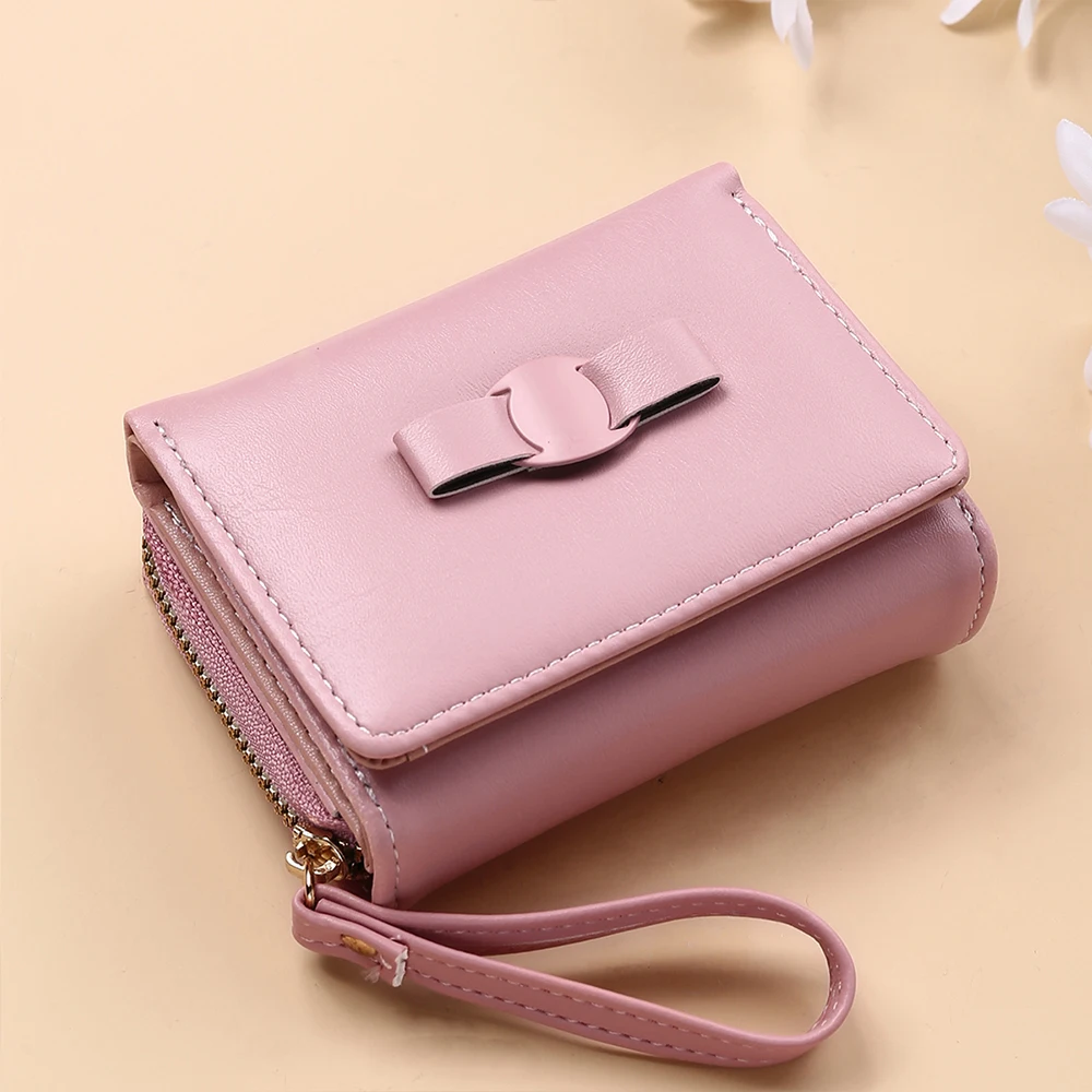 

2022 New Women Cute Bow Small Wallet Buckle Folding Girl Wallet Brand Designed Pu Leather Coin Purse Female Card Holder