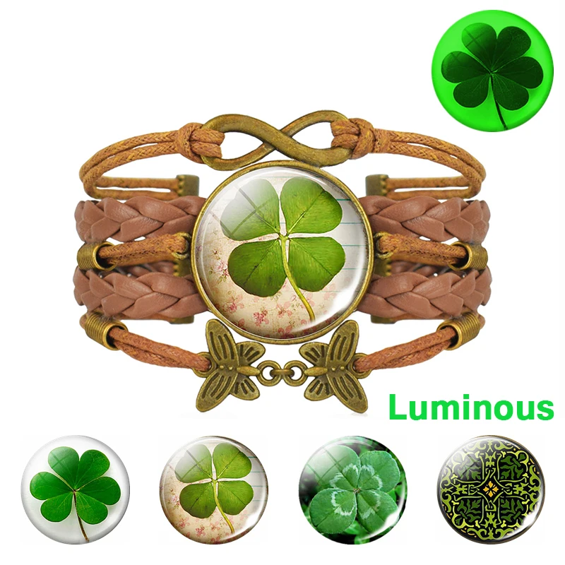 

1pc Luminous Lucky Four-leaf Clover Bronze Brown Bracelet Retro Punk Glass Cabochon Jewelry Shamrock Glowing Bangle Women Gifts
