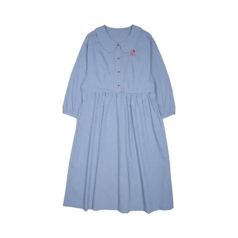 

Long Sleeve Embroidery Preppy Dress Women A-line Peter Pan Collar Baggy Casual Friends Sweet Dresses Slim Mid-calf Korean Style