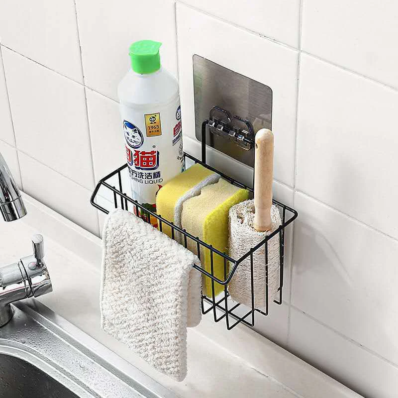 

Iron Hanging Storage Rack Kitchen Rag DishCloth Sponge Holder Storage Basket Bathroom Shampoo Towel Drain Rack Kitchen Organizer