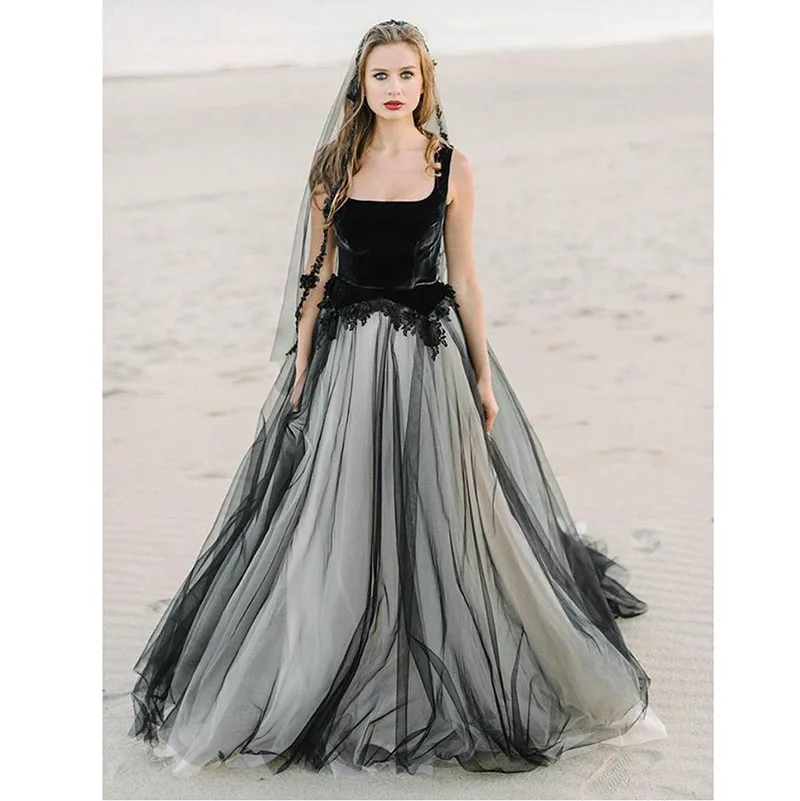 

Square Collar Black Wedding Dress Contrast color Bride dresses Lace Appliques Bridal Gowns Backless Vestido De Noiva Lorie