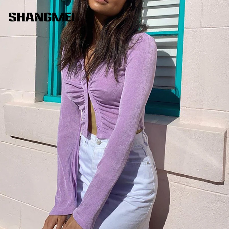 

New Vintage Green Flare Long Sleeve T Shirts Women Sexy Ruched Tee Blue V Neck Autumn Summer Casual Crop Tops