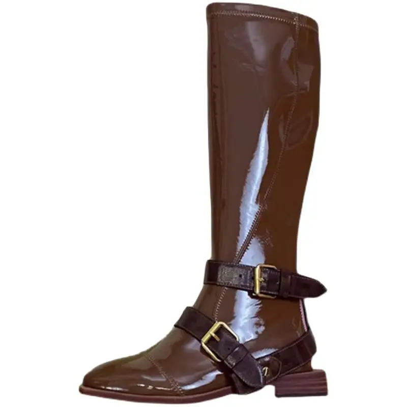 

Patent Leather Boots Women's Belt Buckle Boots Pointed Back Zip Flat Knights Boots High Boots