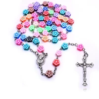 1 pc colorful rosary beads terra cota rose catholic necklace cross pendant religious ornament jewlery