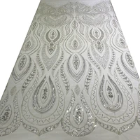 luxury high quality white bridal sequins tulle mesh wedding evening dresses sewing material heavy beaded lace fabric by the yard