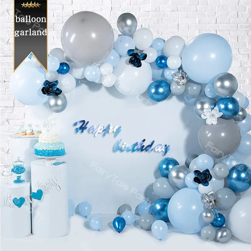 

117pcs Maca Blue Gray White Balloons Garland Kit Chrome Silver Blue Balloon Arch Baby Shower Wedding Birthday Party Globos Decor
