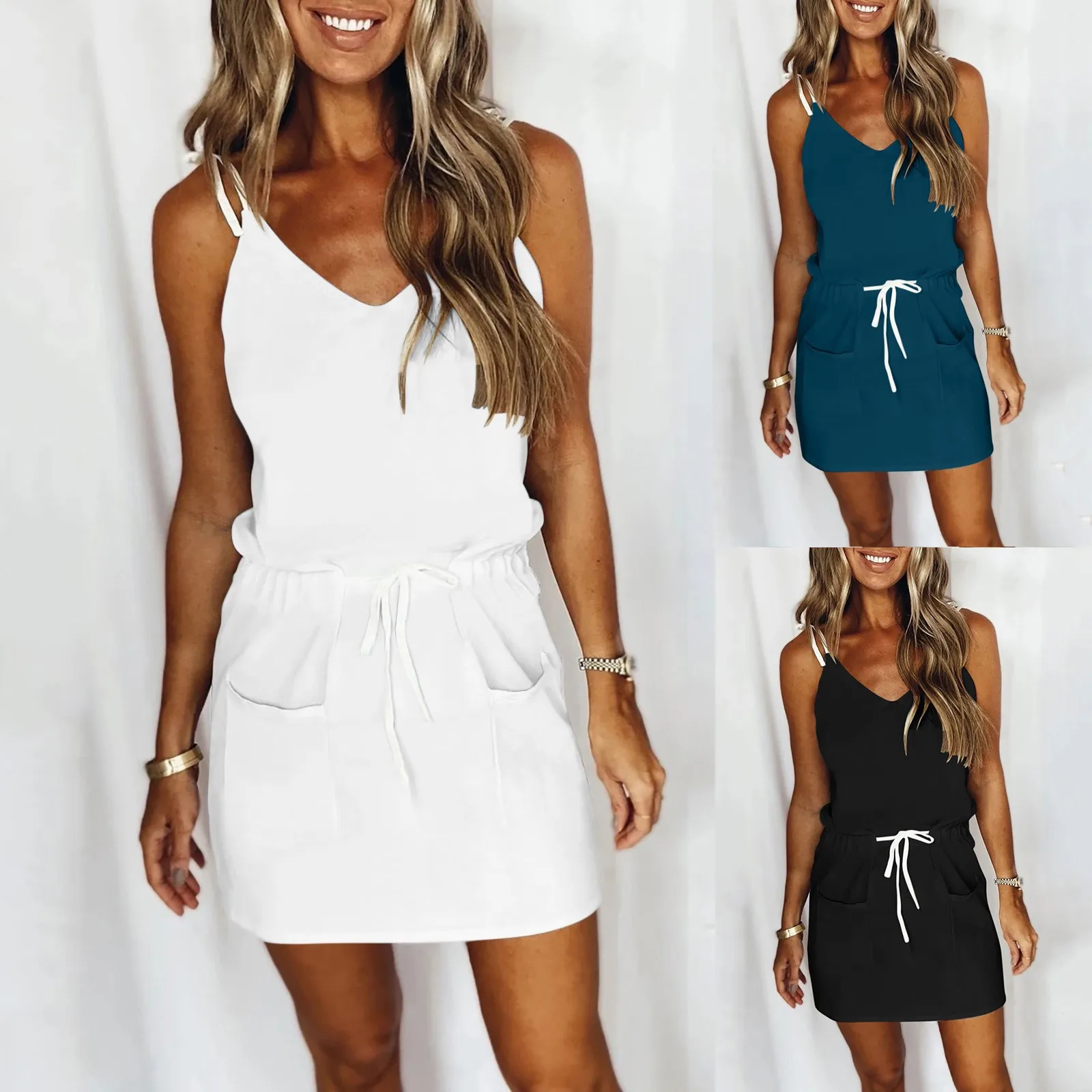 

60# Women's Dress Fashion Solid Color V-neck Drawstring Pocket Suspender Dress Women Casual Summer Dress Beach Mini Sundress