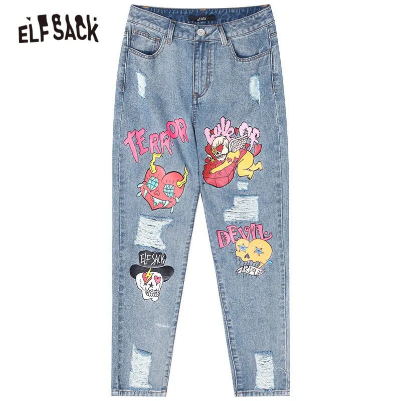 ELFSACK Blue Solid Graphic Print Ripped Washed Korean Women Jeans 2020 Spring Straight Loose Casual Ladies Daily Denim Trousers | Женская