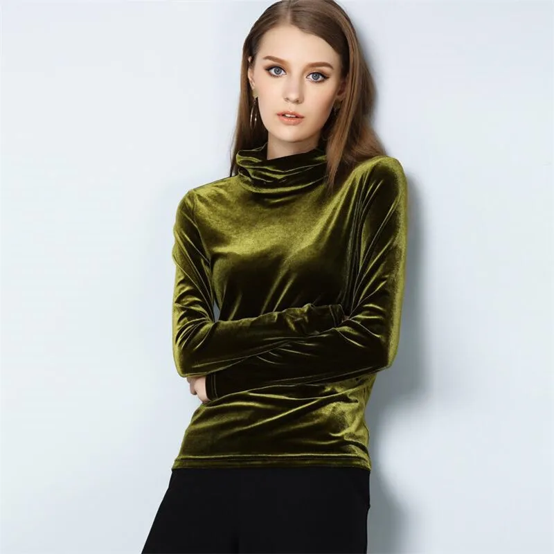 

Gold Velvet Women's Casual High Collar Shirt 2020 New Solid Turtleneck Velour Shirts Female Black Green