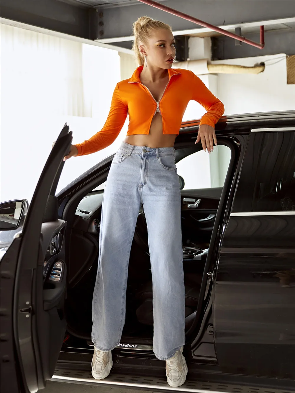 

Women Stand collar Long Sleeve Exposed Navel Zipper Cardigan T-shirt