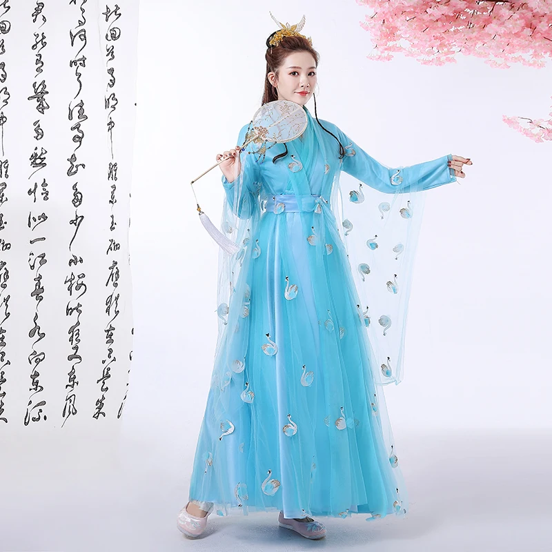 

Старинная Китайская одежда Hanfu, Женский сценический костюм феи, Тюлевое платье для женщин и девушек, китайская одежда