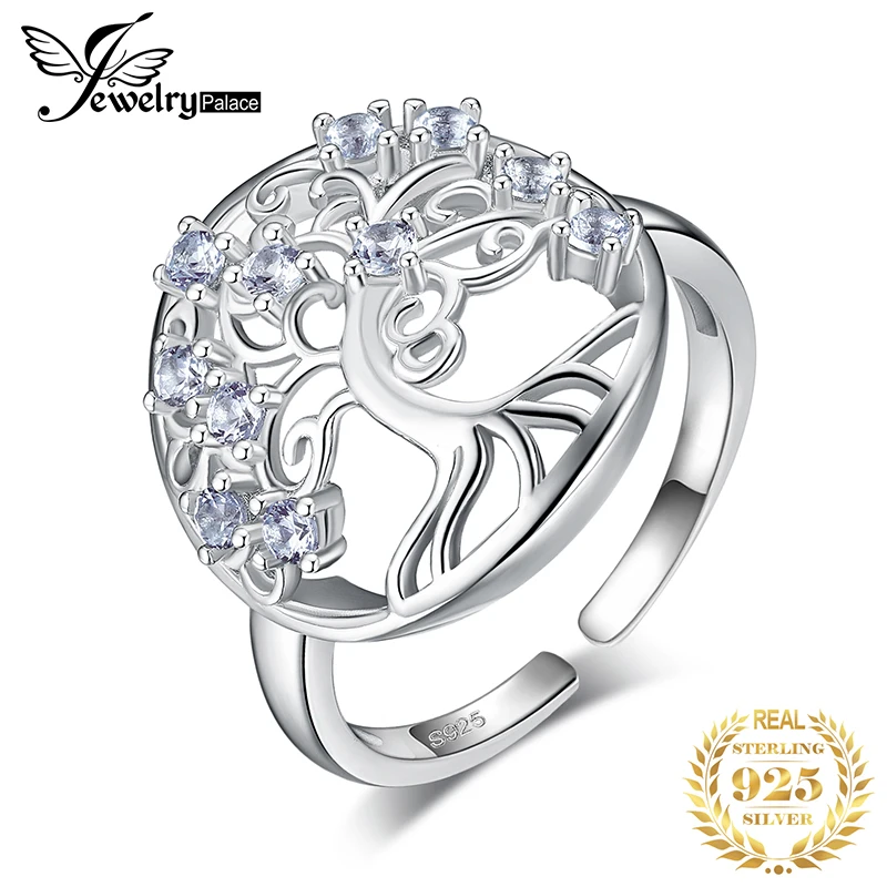 JewelryPalace Genuine Light Blue Spinel Tree of Life Adjustable Open Ring 925 Sterling Silver Round Sweet and romantic