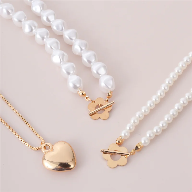 

3Pcs/set Chain Necklace for Women Gold Pearl Bead Choker Multilayer Heart-Shaped Flower Pendant Wedding Party Bridal Jewelry New