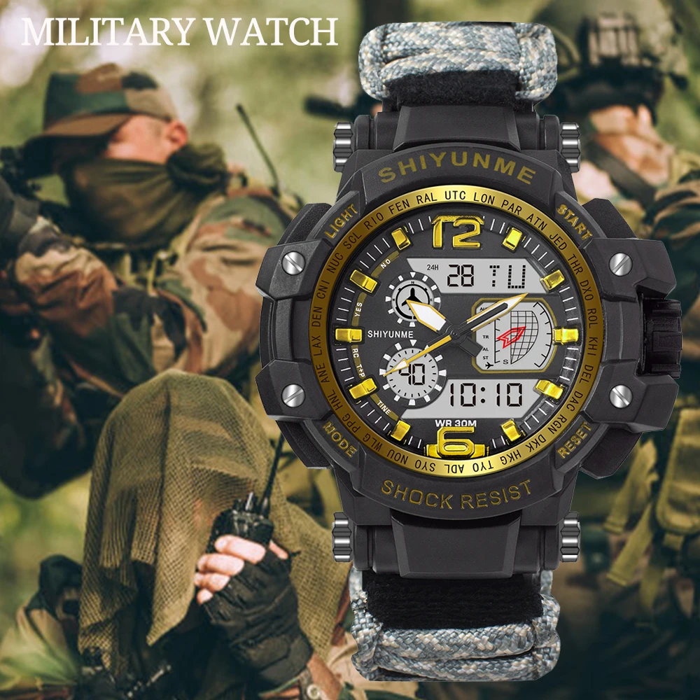 

SHIYUNME Watches For Men 50M Waterproof Clock Alarm reloj hombre 1505C Dual Display Wristwatch Quartz Military Watch Sport New