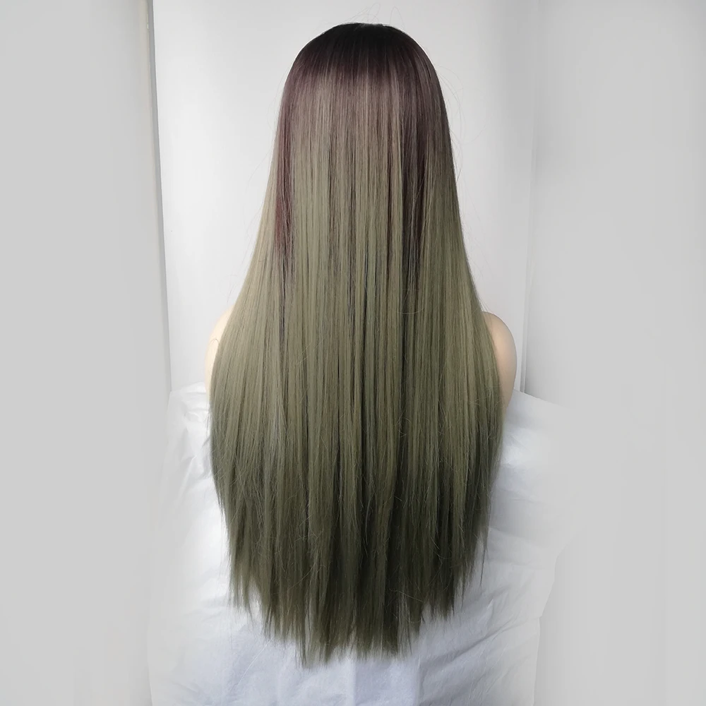 Длинные прямые синтетические парики с челкой Омбре коричневые зеленые