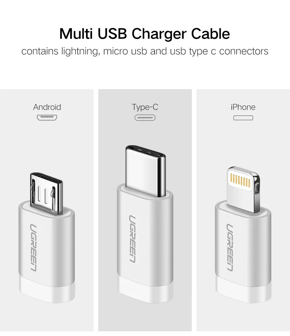 Ugreen 3 в 1 Lightning USB кабель для iphone 8 7 Micro USB кабель быстрой зарядки Тип USB C для OnePlus 5 Samsung Galaxy S8 LG V3